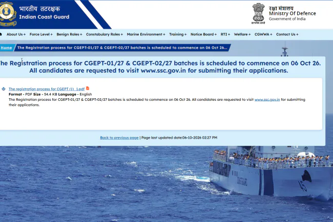 Indian Coast Guard Recruitment 2026: 365 Navik, Yantrik & Hygienist Posts, Apply Online