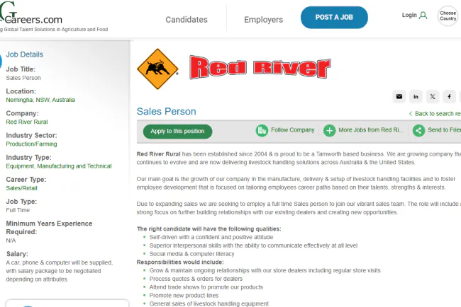 Red River Hiring 2026: Sales Person Job in Nemingha, Australia