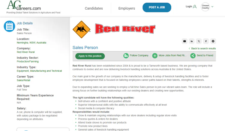 Red River Hiring 2026: Sales Person Job in Nemingha, Australia